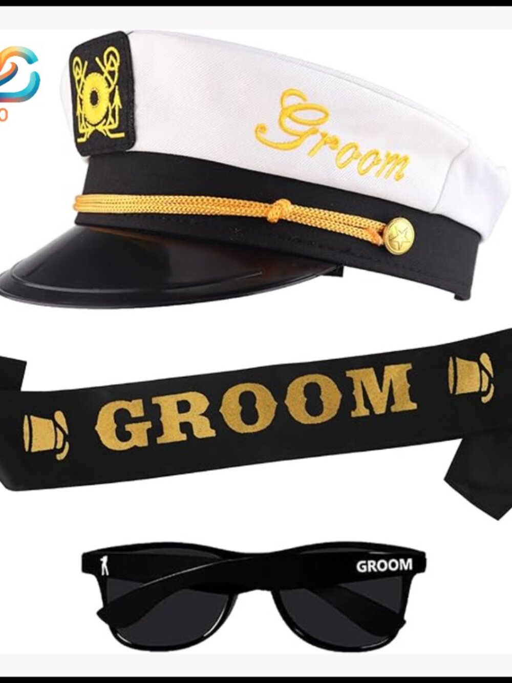 Groom Bachelor Party Hat Sunglasses Sash Set Adjustable White Accessories